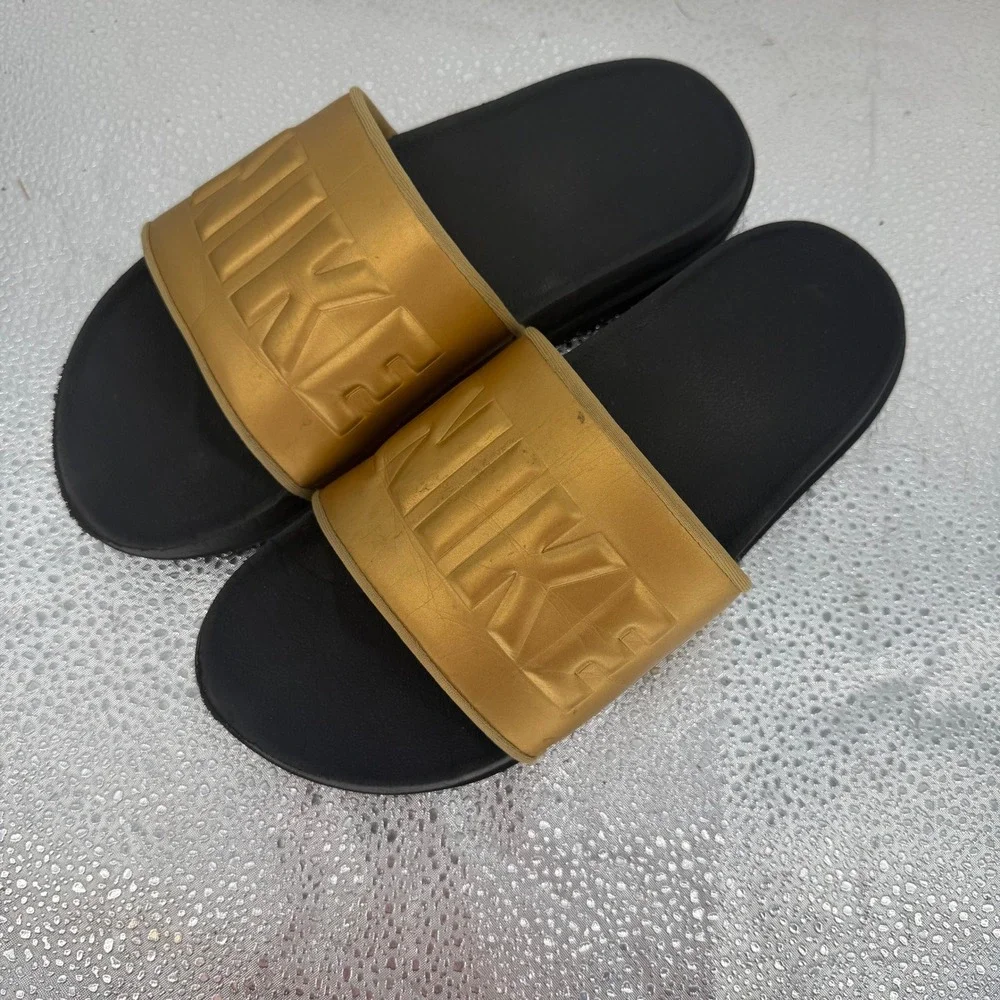 Nike Victori One Slide Mens Size 8 Gold Black Revive Foam Athleisure Sporty Shoe